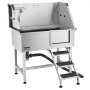 VEVOR 96.5 cm Stainless Steel Dog Washing Station, Pet Grooming Tub with Hot & Cold Faucet, Showerhead, Home Wash Sink, Fits Small and Medium Cats and Dogs, Non-Slip Stairs (Right Door)