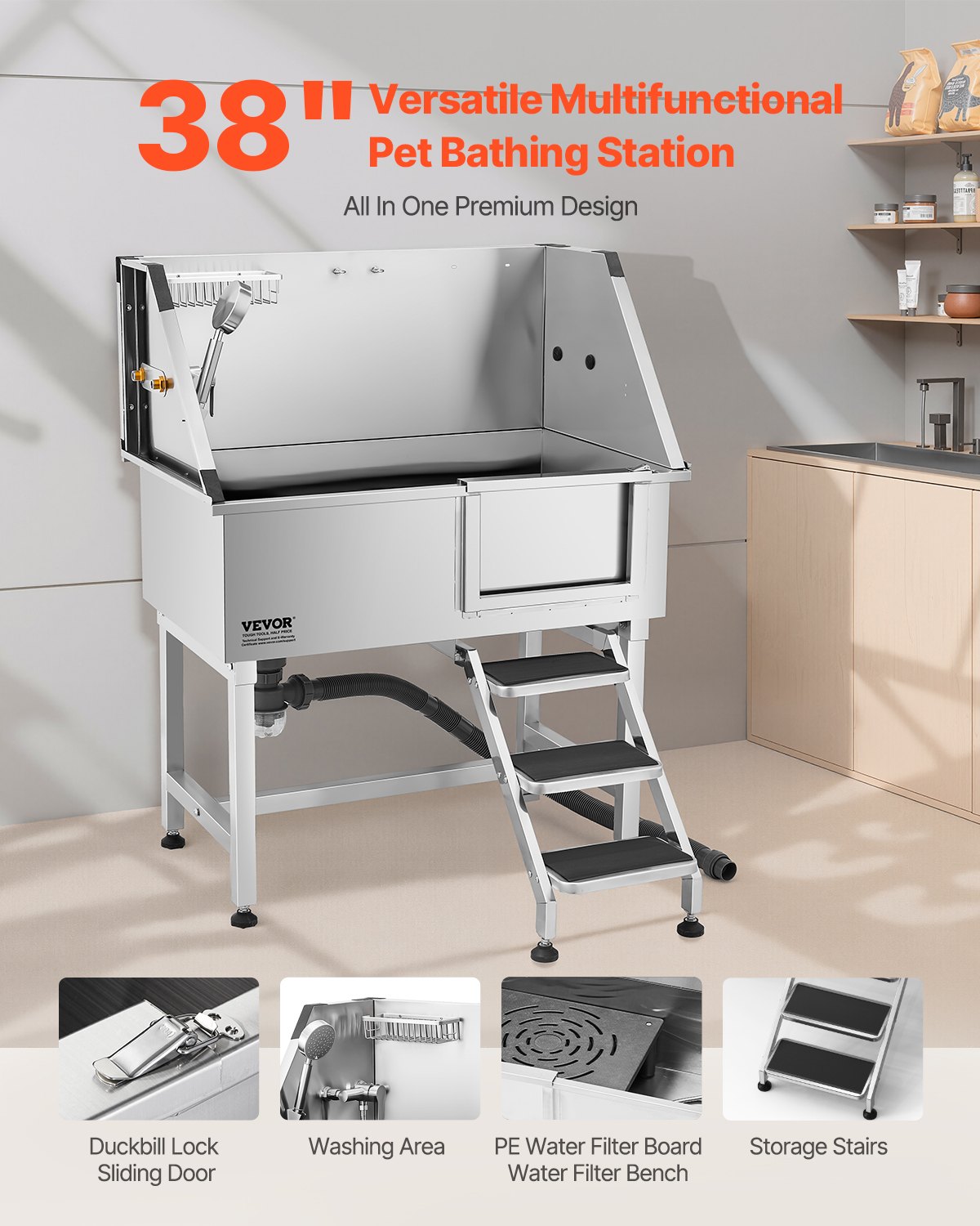 VEVOR 96.5 cm Stainless Steel Dog Washing Station, Pet Grooming Tub with Hot & Cold Faucet, Showerhead, Home Wash Sink, Fits Small and Medium Cats and Dogs, Non-Slip Stairs (Right Door)
