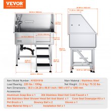 VEVOR Station de bain pour chien de 38 po avec rampe, baignoire de toilettage professionnelle en acier inoxydable avec tiroir de rangement, grille de sol, robinet, baignoire pour chien pour animaux de compagnie de grande, moyenne et petite taille, évier de lavage pour la maison (droite)