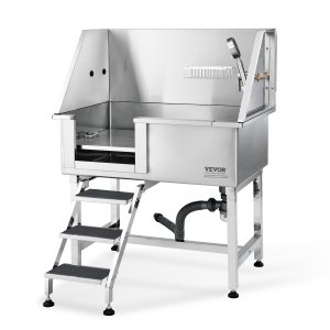 VEVOR 38″ Pet Dog Bathing Station w/Ramp, Professional Stainless Steel Dog Grooming Tub w/ Storage Drawer, Floor Grate, Faucet, Dog Bathtub for Large,Medium,Small Pets, Washing Sink for Home(Left) | VEVOR US