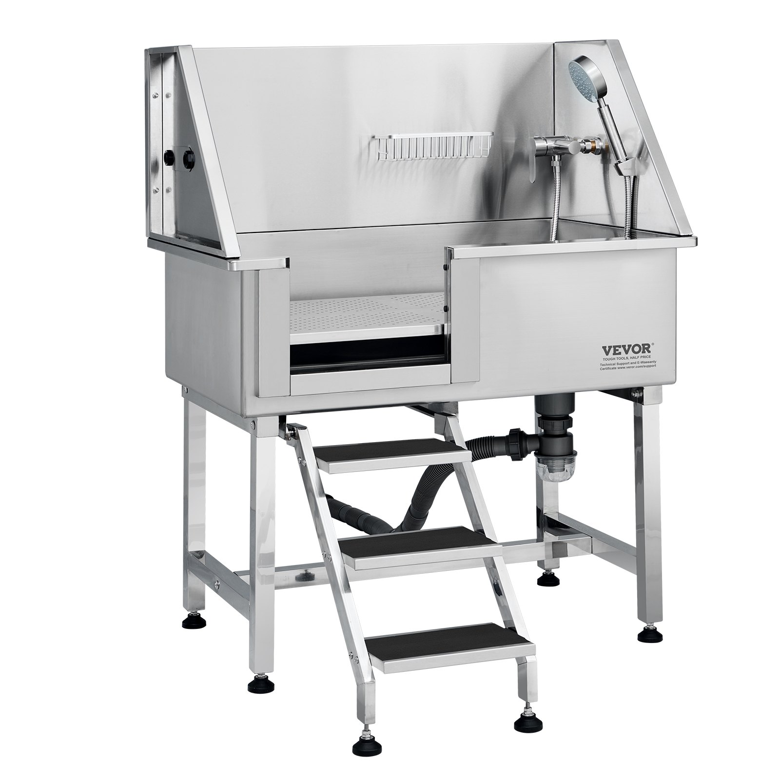 VEVOR 38" Pet Dog Bathing Station w/Ramp, Professional Stainless Steel Dog Grooming Tub w/ Storage Drawer, Floor Grate, Faucet, Dog Bathtub for Large,Medium,Small Pets, Washing Sink for Home(Left)