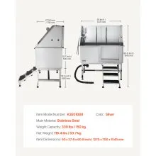 VEVOR 127 cm Dog Grooming Bath Tub Stainless Steel w Stairs Water Filter