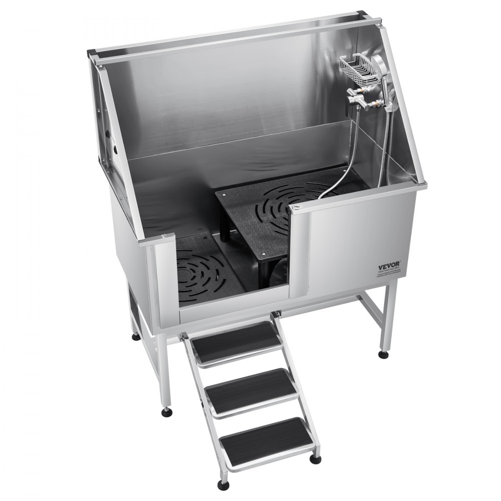VEVOR Stainless Steel Dog Washing Station, 127 cm Pet Grooming Tub w/ Stairs, PE Water Filter Board, Faucet & Showerhead & Soap Holder Dog Bathtub for Large & Medium & Small Pets (Left Door)