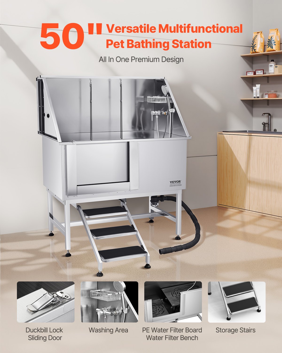 VEVOR Stainless Steel Dog Washing Station, 127 cm Pet Grooming Tub w/ Stairs, PE Water Filter Board, Faucet & Showerhead & Soap Holder Dog Bathtub for Large & Medium & Small Pets (Left Door)