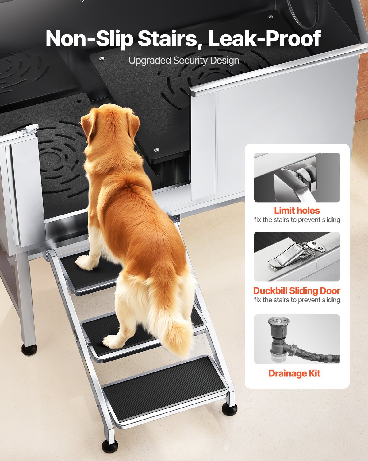 VEVOR Stainless Steel Dog Washing Station, 127 cm Pet Grooming Tub w/ Stairs, PE Water Filter Board, Faucet & Showerhead & Soap Holder Dog Bathtub for Large & Medium & Small Pets (Left Door)