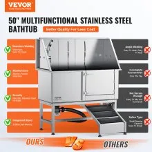 VEVOR 1.27M Pet Dog Bathing Station w/Ramp, Professional Stainless Steel Dog Grooming Tub w/ Soap Box, Faucet,Rich Accessory, Dog Bathtub for Large,Medium,Small Pets, Washing Sink for Home Right
