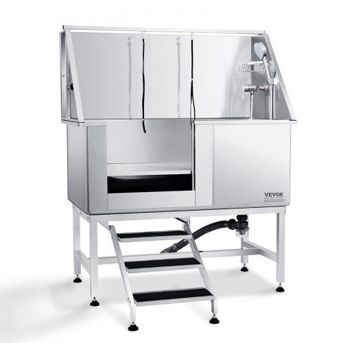 VEVOR 50Inch 127CM Pet Dog Bathing Station w/Stairs, Professional Stainless Steel Dog Grooming Tub w/ Soap Box, Faucet,Rich Accessory, Dog Bathtub for Large,Medium,Small Pets, Washing Sink for Home Left