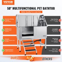 VEVOR Station de bain pour chien de 50 po avec escaliers, baignoire de toilettage professionnelle en acier inoxydable pour chien avec boîte à savon, robinet, accessoire riche, baignoire pour chien pour animaux de compagnie de grande, moyenne et petite taille, évier de lavage pour la maison à gauche