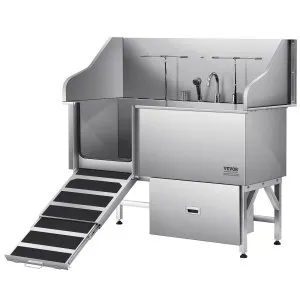 VEVOR 304 Stainless Steel Dog Washing Station, 61 Inch Pet Grooming Tub with Non-Slip Low-Slope Ramp, Storage Drawer, Hot & Cold Faucet, All-in-One Bath for Grooming Shop, Fits All Sizes (Left Door) | VEVOR US