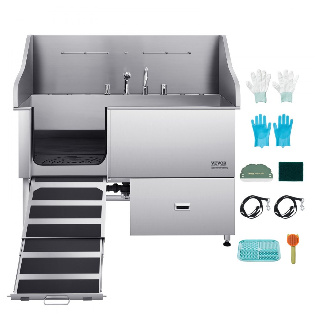 VEVOR Stainless Steel Dog Washing Station, 154.94 cm Pet Grooming Tub w/ Ramp, Water Filter Board, Faucet & Showerhead & Leash Dog Bathtub for Large & Medium & Small Pets (Left Door)