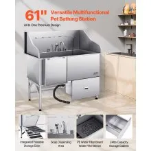 61 Inch Dog Grooming Bath Tub Stainless Steel w Ramp Water Filter Left