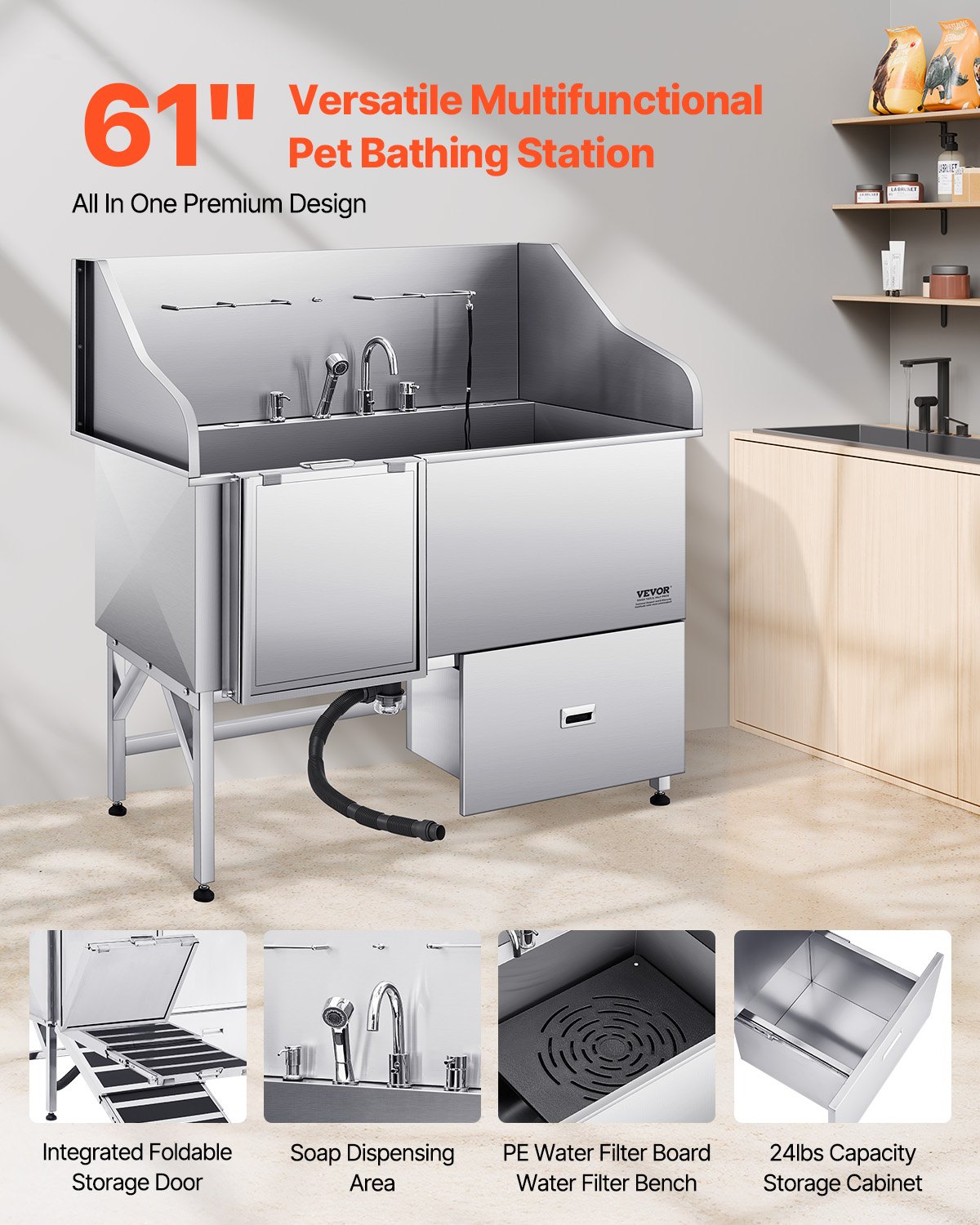 VEVOR Stainless Steel Dog Washing Station, 154.94 cm Pet Grooming Tub w/ Ramp, Water Filter Board, Faucet & Showerhead & Leash Dog Bathtub for Large & Medium & Small Pets (Left Door)