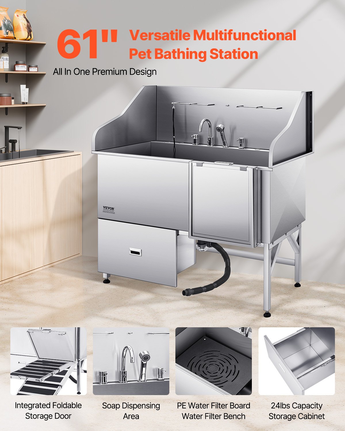 VEVOR Stainless Steel Dog Washing Station, 154.94 cm Pet Grooming Tub w/ Ramp, Water Filter Board, Faucet & Showerhead & Leash Dog Bathtub for Large & Medium & Small Pets (Right Door)