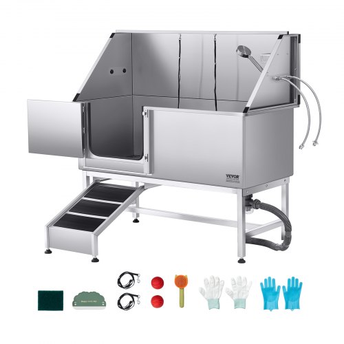 62 Inch Dog Grooming Bath Tub Stainless Steel w Ramp Water Filter Left