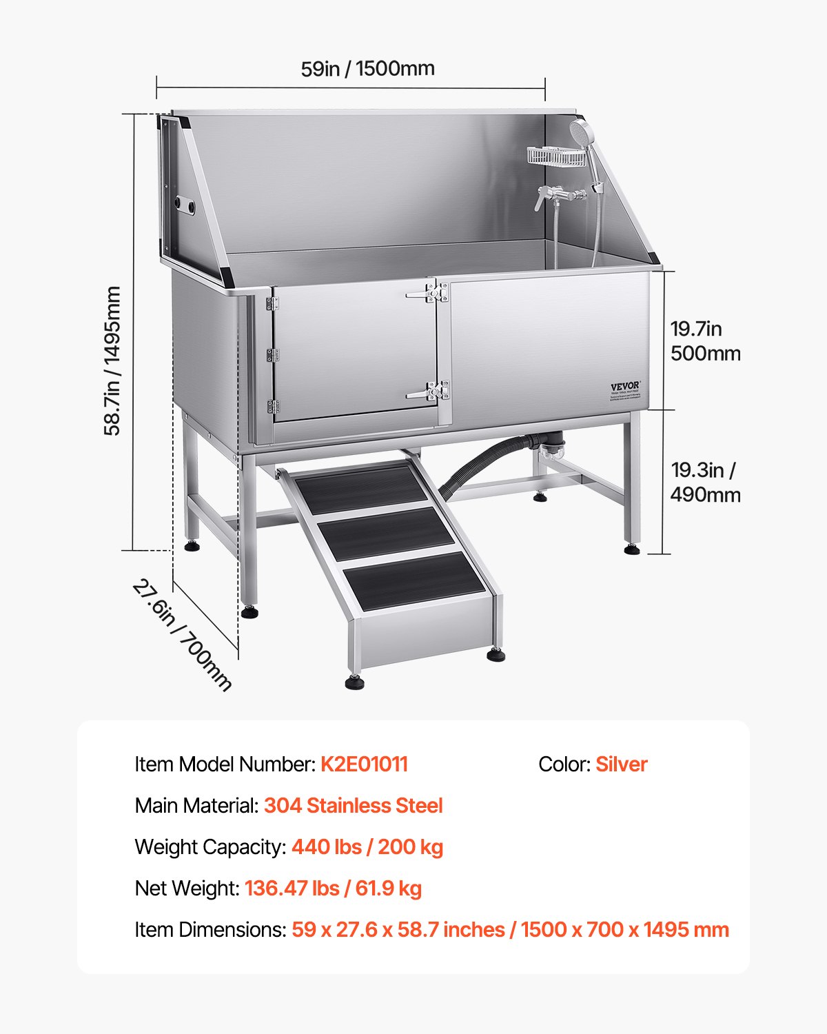 VEVOR Stainless Steel Dog Washing Station, 157.48 cm Pet Grooming Tub w/ Ramp, PE Water Filter Board, Faucet & Showerhead & Soap Holder Dog Bathtub for Large & Medium & Small Pets (Left Door)