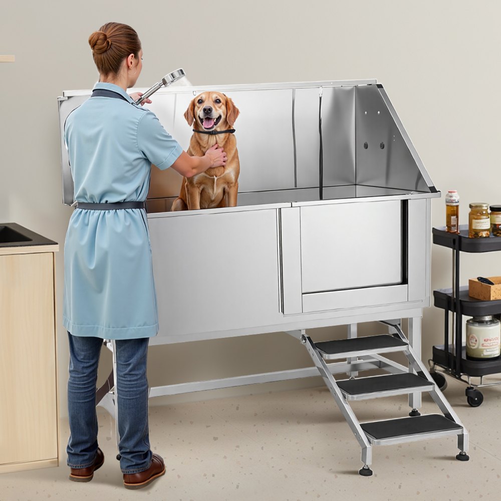 VEVOR Stainless Steel Dog Washing Station, 157.48 cm Pet Grooming Tub w/ Stairs, PE Water Filter Board, Faucet & Showerhead & Soap Holder Dog Bathtub for Large & Medium & Small Pets (Right Door)