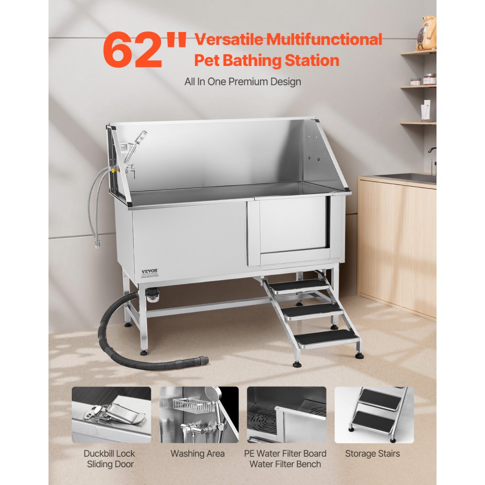 VEVOR Stainless Steel Dog Washing Station, 62 inch Pet Grooming Tub w/ Stairs, PE Water Filter Board, Faucet & Showerhead & Soap Holder Dog Bathtub for Large & Medium & Small Pets (Right Door)