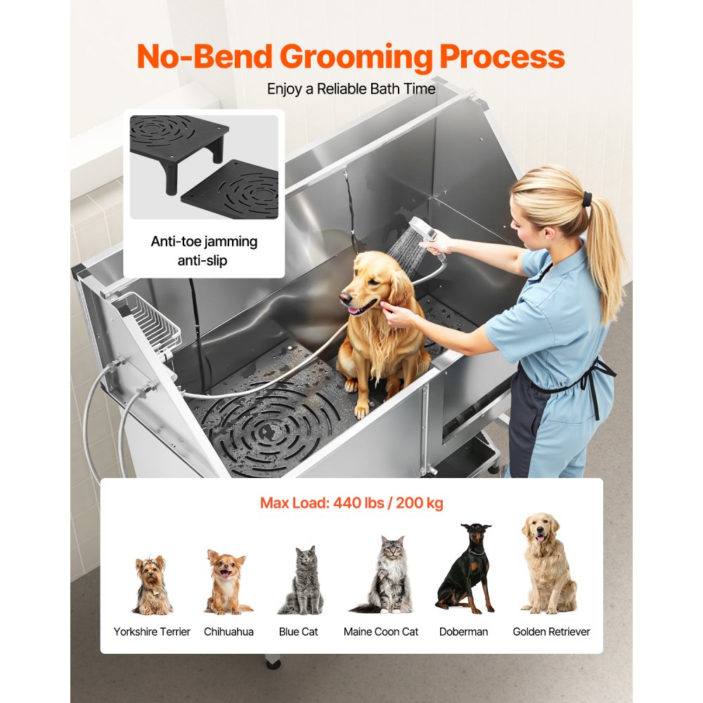 VEVOR Stainless Steel Dog Washing Station, 62 inch Pet Grooming Tub w/ Stairs, PE Water Filter Board, Faucet & Showerhead & Soap Holder Dog Bathtub for Large & Medium & Small Pets (Right Door)