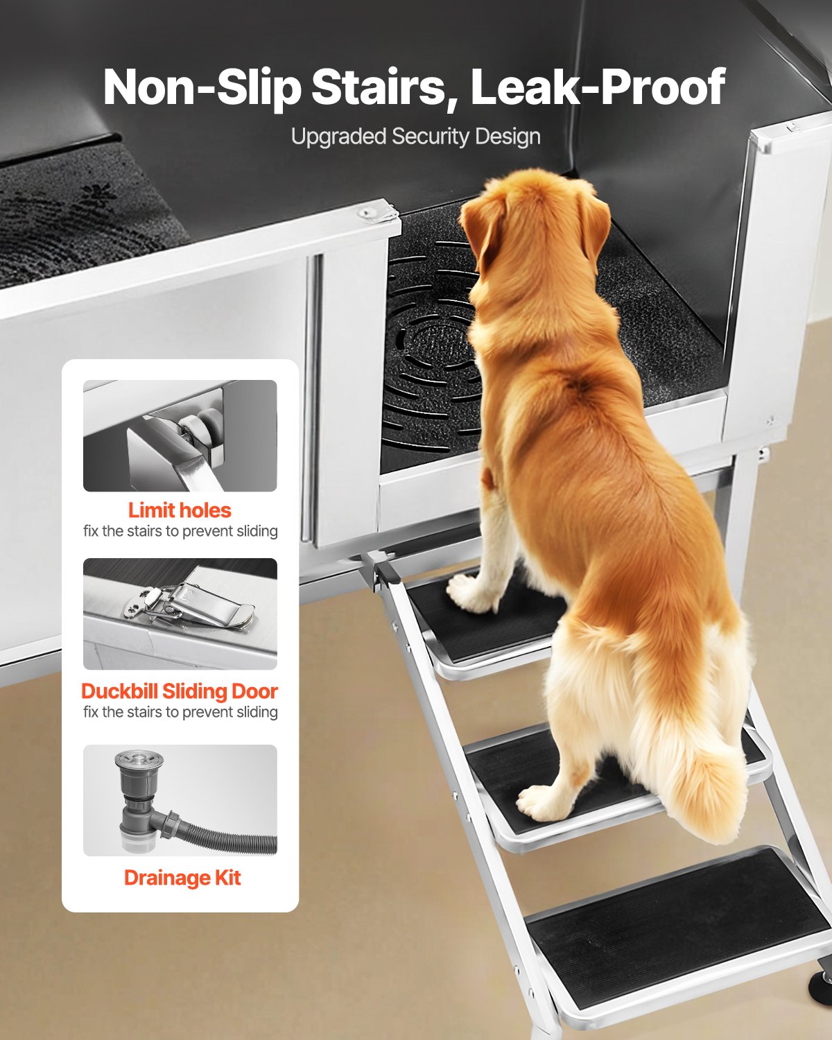 VEVOR Stainless Steel Dog Washing Station, 157.48 cm Pet Grooming Tub w/ Stairs, PE Water Filter Board, Faucet & Showerhead & Soap Holder Dog Bathtub for Large & Medium & Small Pets (Right Door)