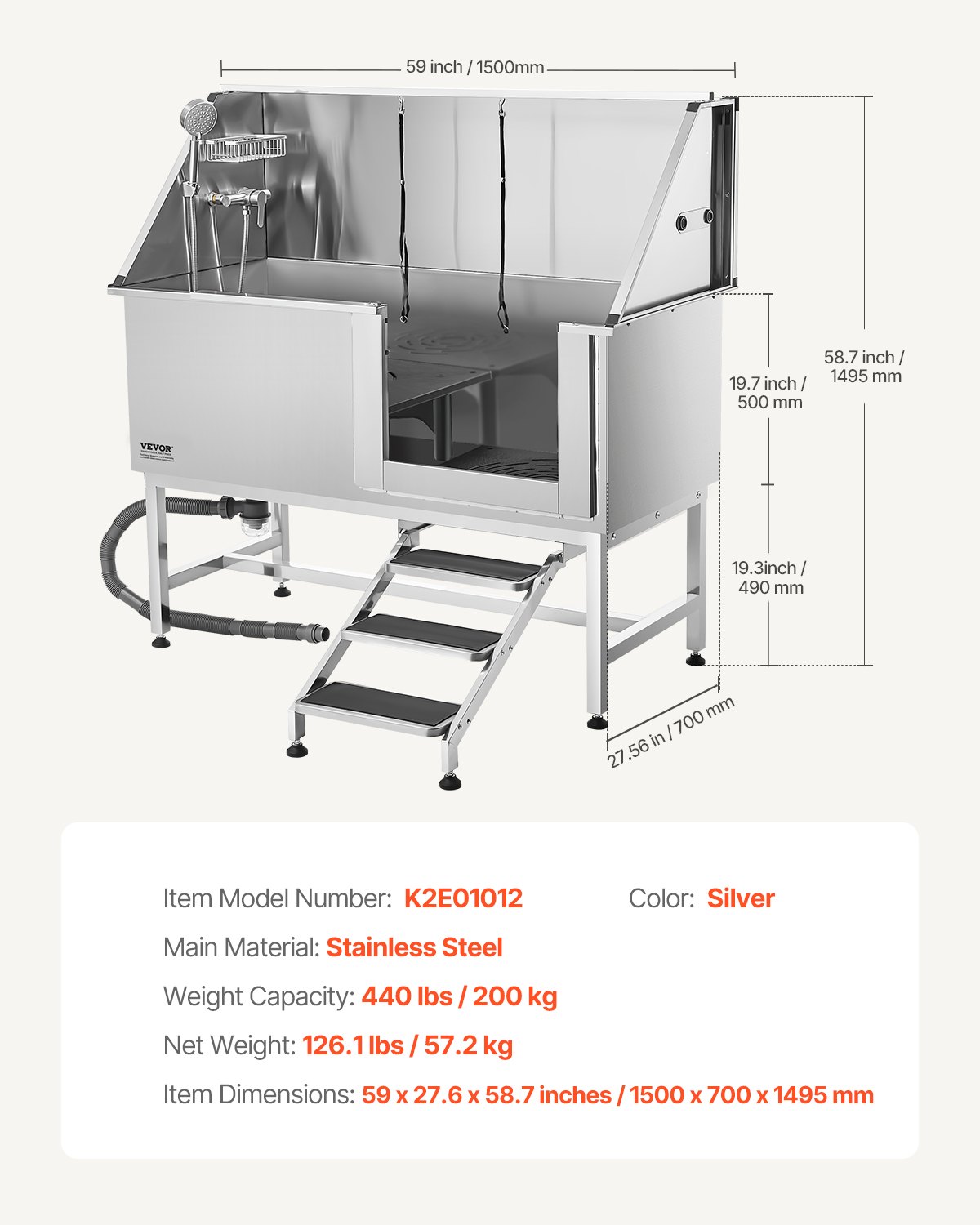 VEVOR Stainless Steel Dog Washing Station, 157.48 cm Pet Grooming Tub w/ Stairs, PE Water Filter Board, Faucet & Showerhead & Soap Holder Dog Bathtub for Large & Medium & Small Pets (Right Door)