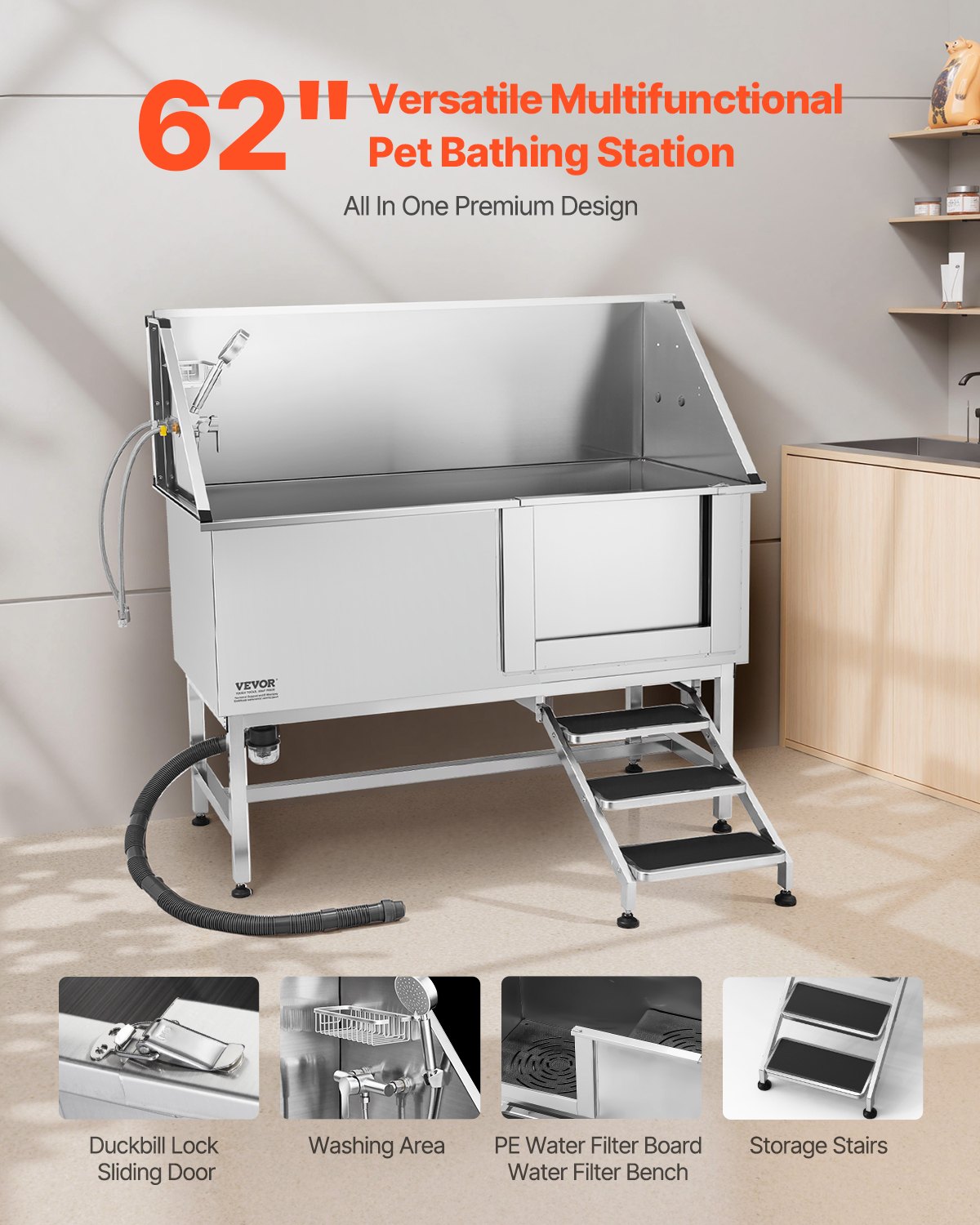 VEVOR Stainless Steel Dog Washing Station, 62 inch Pet Grooming Tub w/ Stairs, PE Water Filter Board, Faucet & Showerhead & Soap Holder Dog Bathtub for Large & Medium & Small Pets (Right Door)