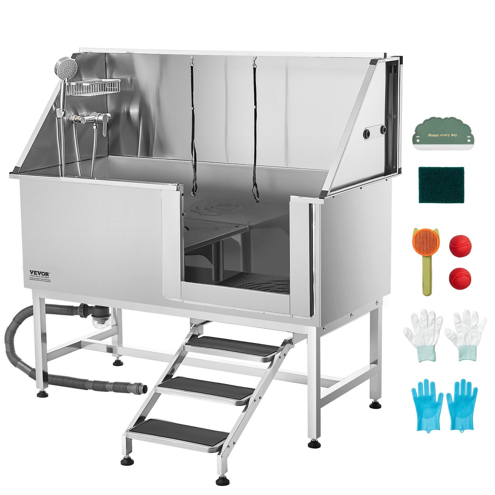 VEVOR Stainless Steel Dog Washing Station, 62 inch Pet Grooming Tub w/ Stairs, PE Water Filter Board, Faucet & Showerhead & Soap Holder Dog Bathtub for Large & Medium & Small Pets (Right Door)