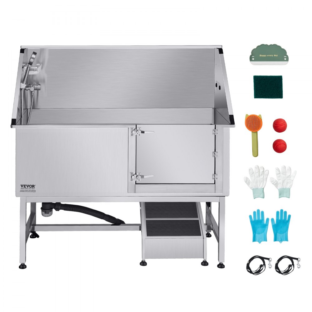 VEVOR Stainless Steel Dog Washing Station, 157.48 cm Pet Grooming Tub w/ Ramp, PE Water Filter Board, Faucet & Showerhead & Soap Holder Dog Bathtub for Large & Medium & Small Pets (Right Door)
