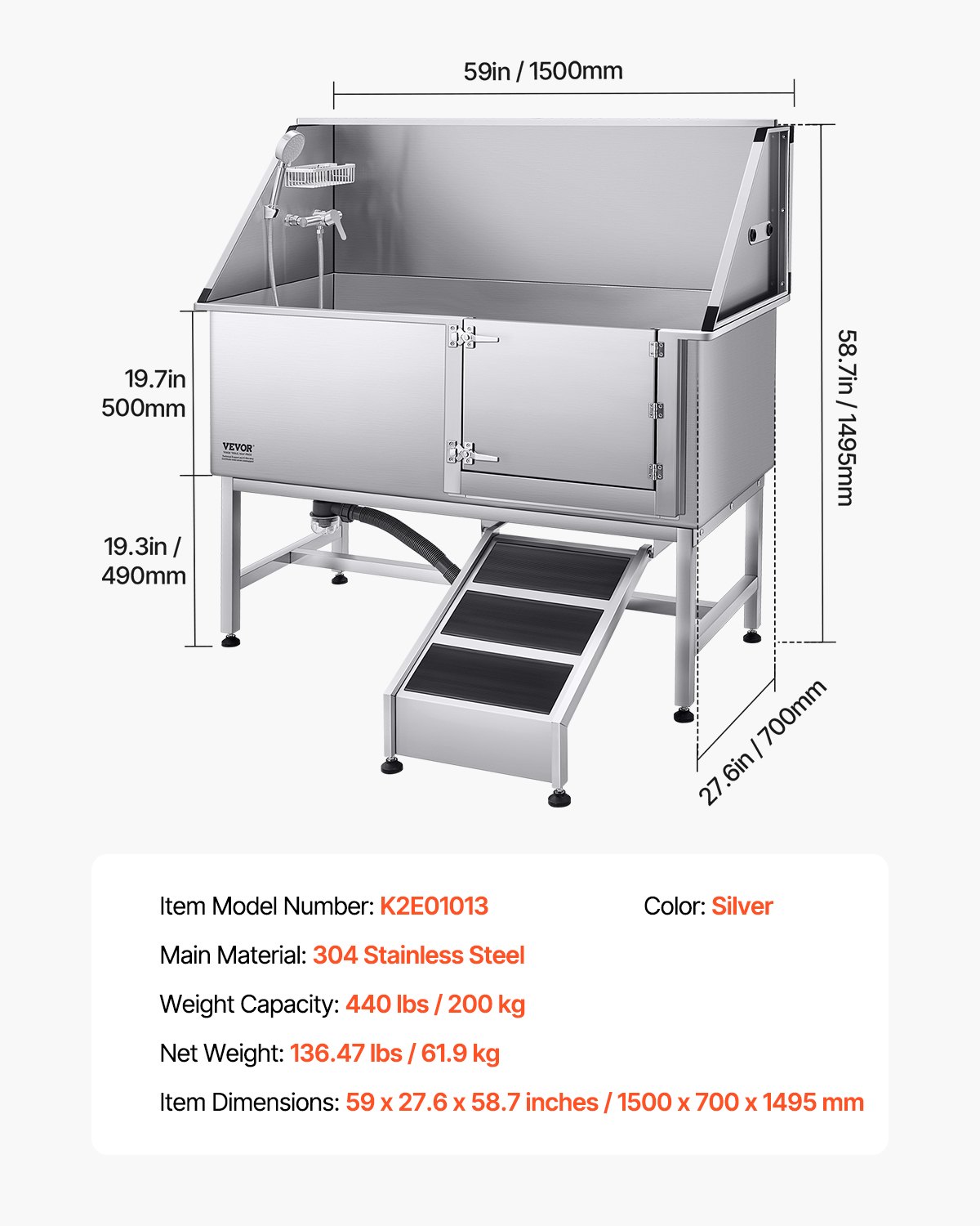 VEVOR Stainless Steel Dog Washing Station, 62 inch Pet Grooming Tub w/ Ramp, PE Water Filter Board, Faucet & Showerhead & Soap Holder Dog Bathtub for Large & Medium & Small Pets (Right Door)