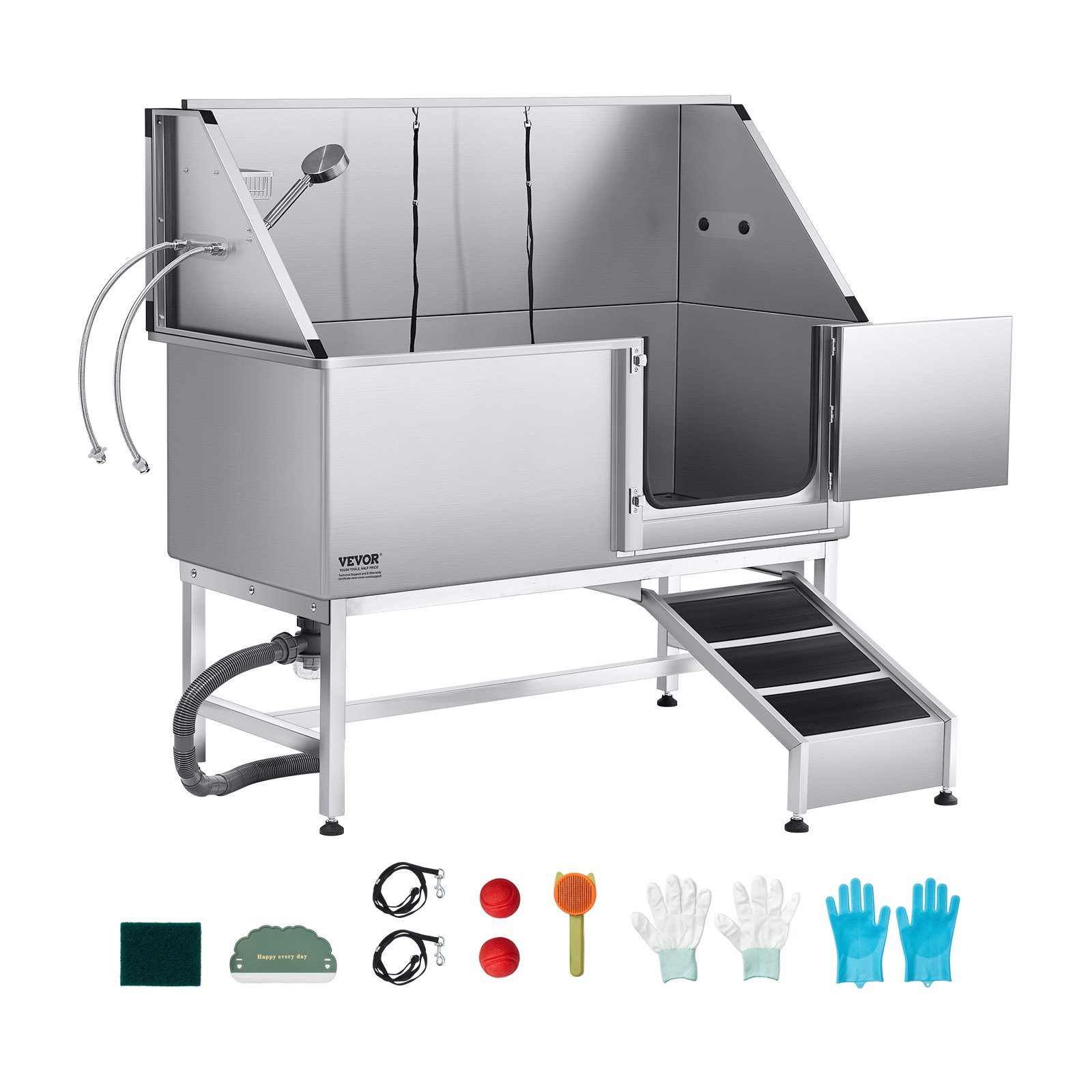 VEVOR Stainless Steel Dog Washing Station, 62 inch Pet Grooming Tub w/ Ramp, PE Water Filter Board, Faucet & Showerhead & Soap Holder Dog Bathtub for Large & Medium & Small Pets (Right Door)