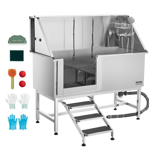 62 Inch Dog Grooming Bath Tub Stainless Steel w Stairs Water Filter Left