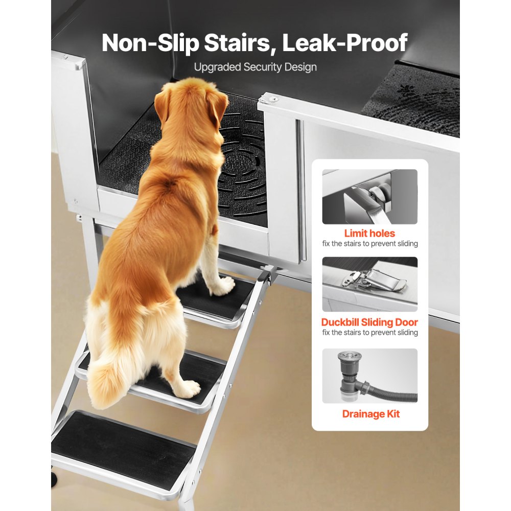 VEVOR Stainless Steel Dog Washing Station, 157.48 cm Pet Grooming Tub w/ Stairs, PE Water Filter Board, Faucet & Showerhead & Soap Holder Dog Bathtub for Large & Medium & Small Pets (Left Door)