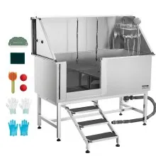 62 Inch Dog Grooming Bath Tub Stainless Steel w Stairs Water Filter Left