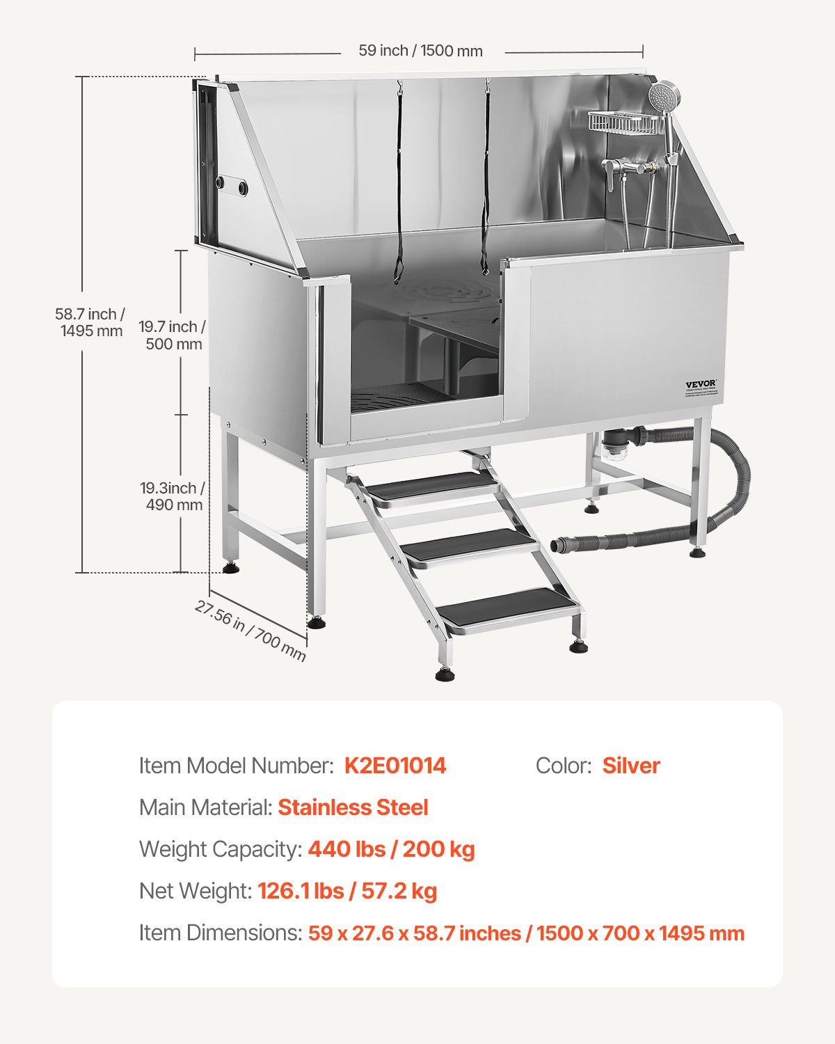 VEVOR Stainless Steel Dog Washing Station, 157.48 cm Pet Grooming Tub w/ Stairs, PE Water Filter Board, Faucet & Showerhead & Soap Holder Dog Bathtub for Large & Medium & Small Pets (Left Door)