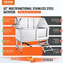 VEVOR 1.57M Pet Dog Bathing Station w/Stairs, Professional Stainless Steel Dog Grooming Tub w/ Soap Box, Faucet,Rich Accessory,Bathtub for Large,Medium,Small Pets, Washing Sink for Home(Right)