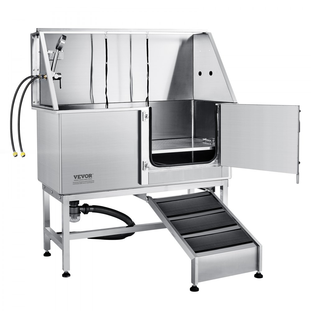 VEVOR dog grooming tub with door opens, adjustable nozzles, secure straps, and a non-slip ramp.