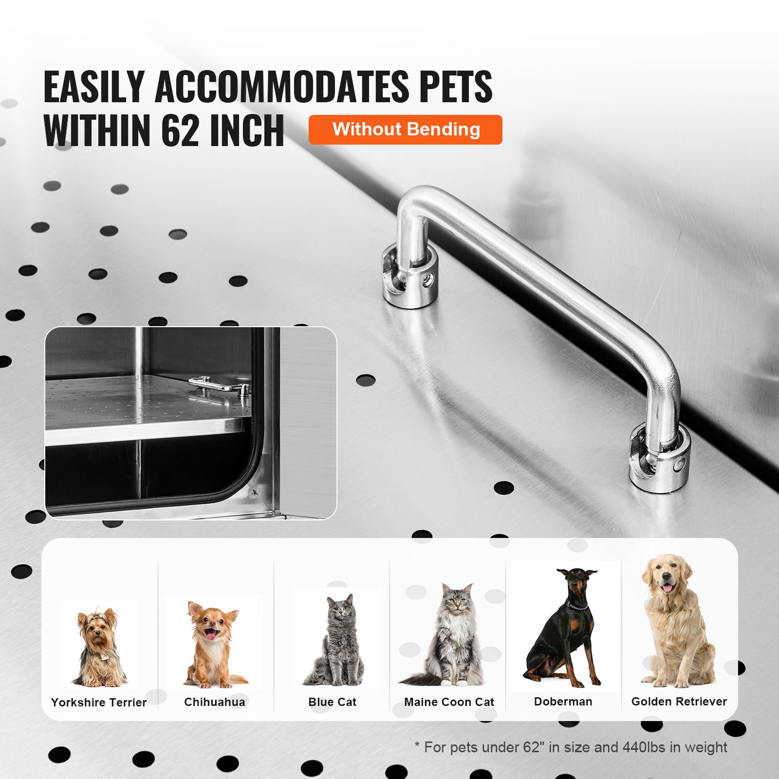 VEVOR dog grooming tub accommodates pets up to 62 inches, featuring a secure handle and versatile usage.