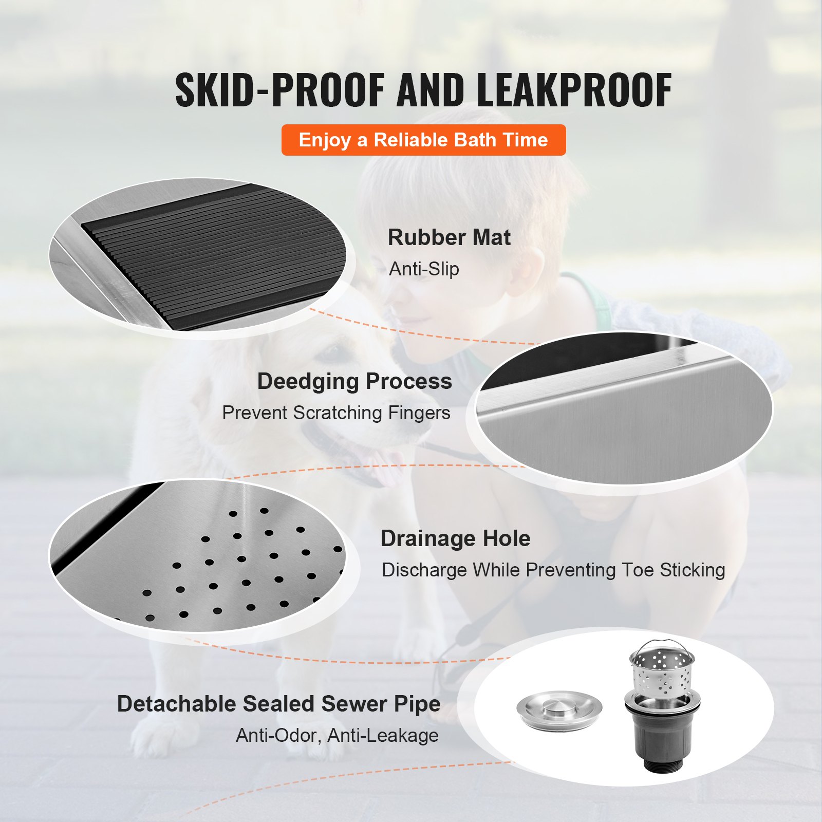 VEVOR dog grooming tub features anti-slip rubber mat, finger-safe deeding, anti-odor drainage, and sealed sewer pipe.