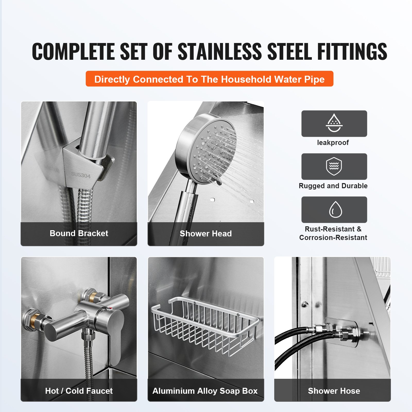 stainless steel fittings for VEVOR dog grooming tub including shower head, faucet, and soap box.