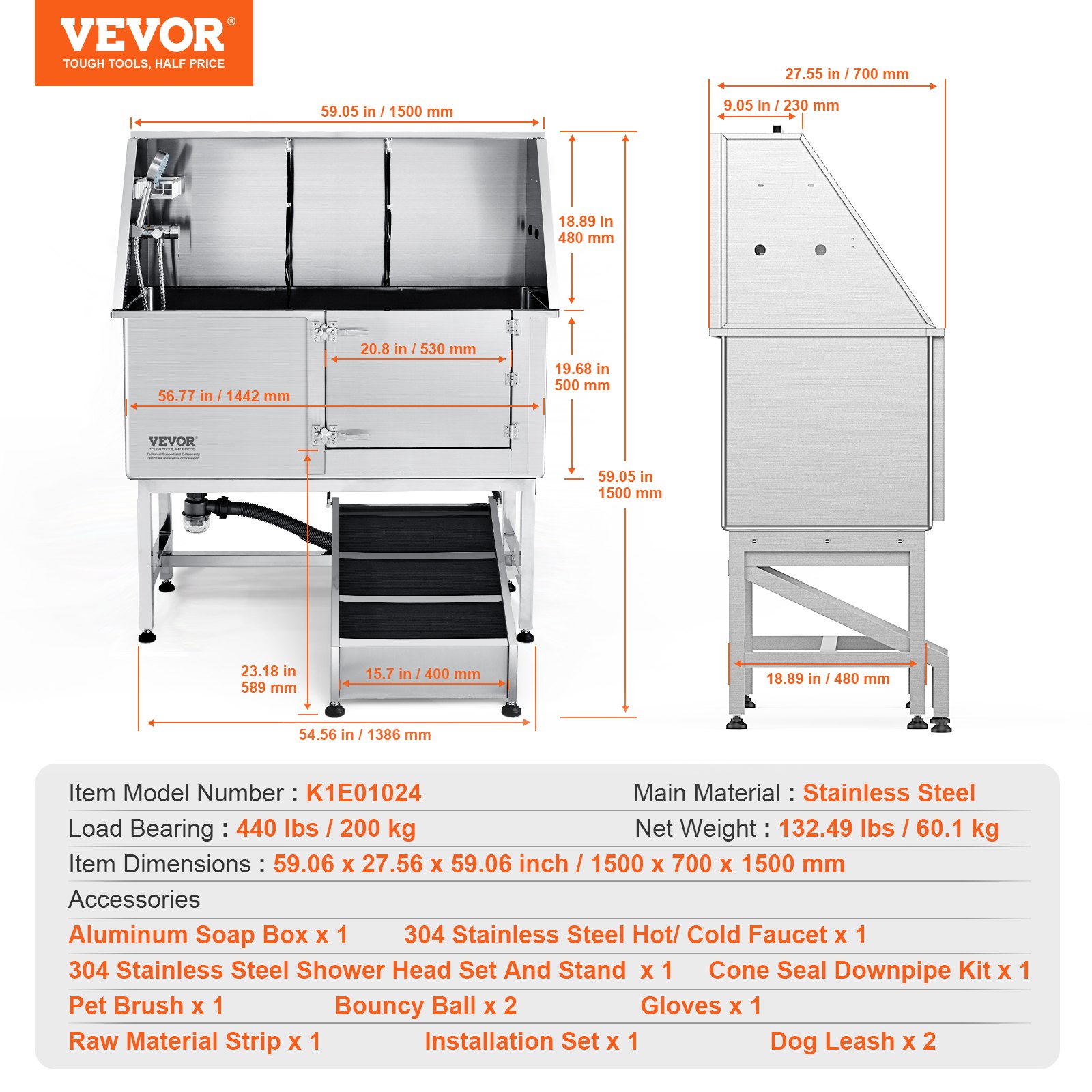 VEVOR dog grooming tub stainless steel, dimensions, accessories, and load details.