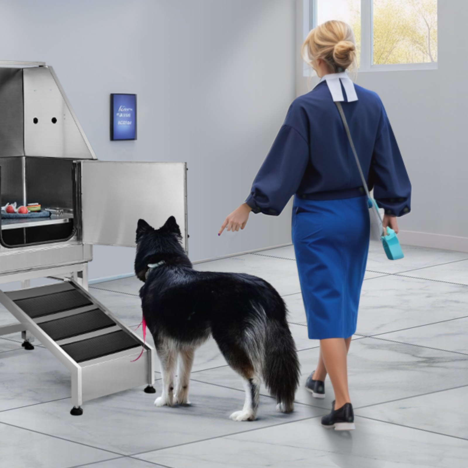 woman with a dog near stainless steel VEVOR dog grooming tub with a ramp in a modern room.