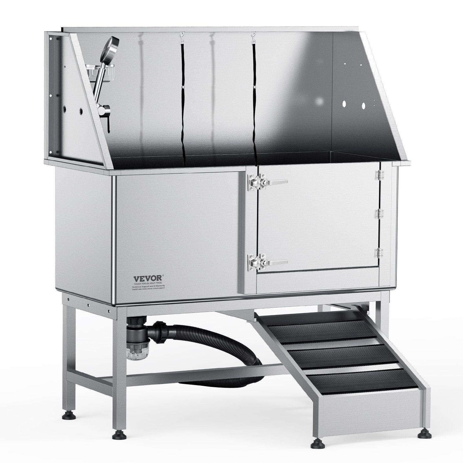 VEVOR dog grooming tub with stairs, sprayer, and stainless steel construction for pet grooming.