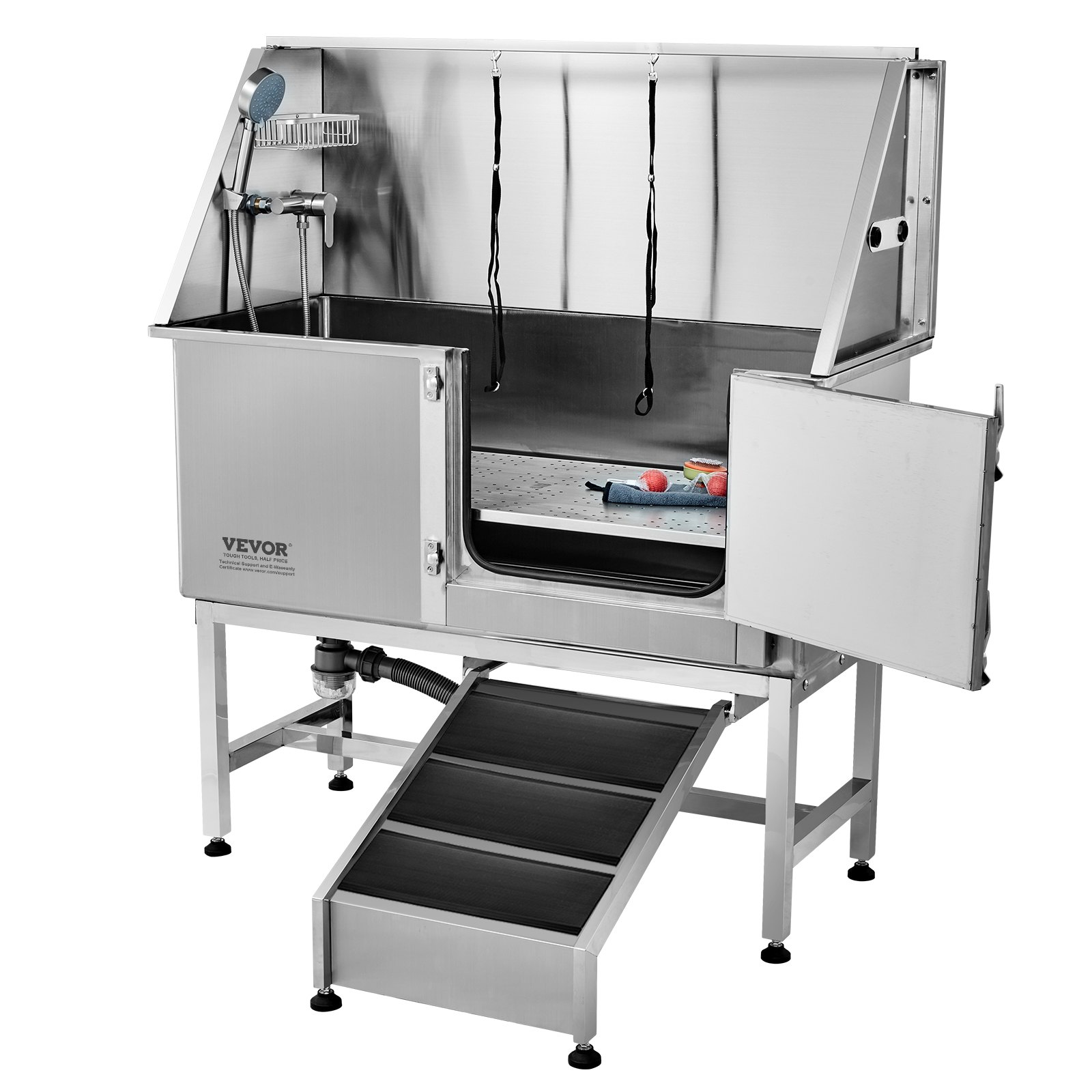VEVOR dog grooming tub with stainless steel design, grooming accessories, ramp, and side door.