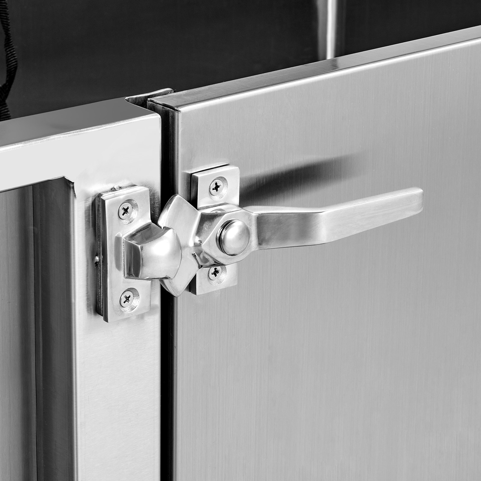 stainless steel latch close-up on VEVOR dog grooming tub.