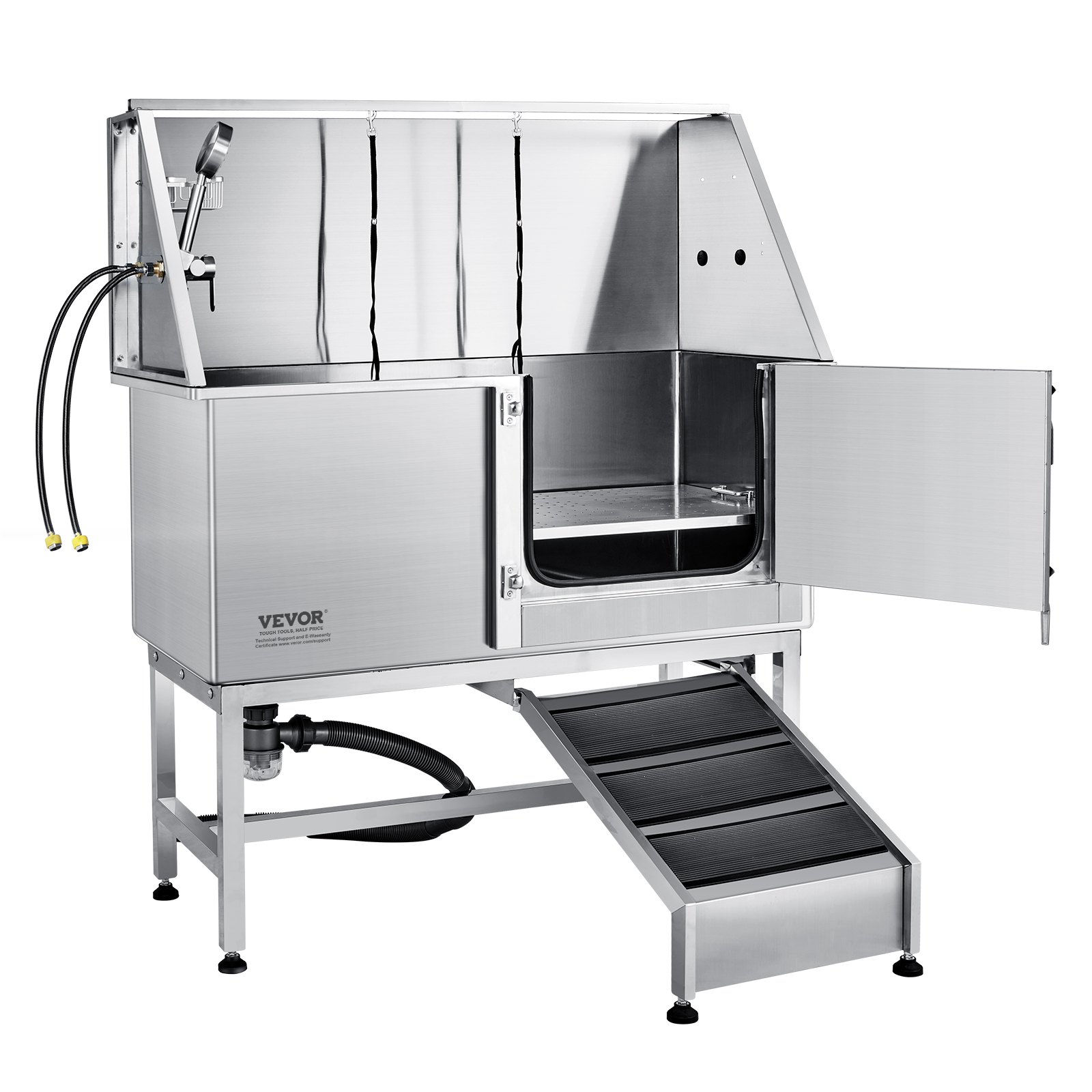 VEVOR dog grooming tub with door opens, adjustable nozzles, secure straps, and a non-slip ramp.
