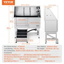 VEVOR 1.57M Pet Dog Bathing Station w/Ramp, Professional Stainless Steel Dog Grooming Tub w/ Soap Box, Faucet,Rich Accessory,Bathtub for Large,Medium,Small Pets, Washing Sink for Home(Left)