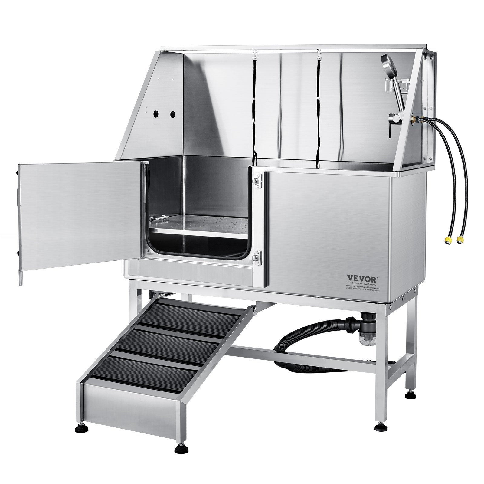 VEVOR 1.57M Pet Dog Bathing Station w/Ramp, Professional Stainless Steel Dog Grooming Tub w/ Soap Box, Faucet,Rich Accessory,Bathtub for Large,Medium,Small Pets, Washing Sink for Home(Left)
