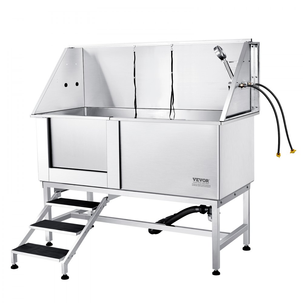 VEVOR 62Inch 157CM Pet Dog Bathing Station w/Stairs, Professional Stainless Steel Dog Grooming Tub w/ Soap Box, Faucet,Rich Accessory,Bathtub for Large,Medium,Small Pets, Washing Sink for Home(Left)