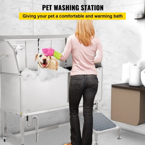VEVOR Dog Grooming Tub, 62" R Pet Wash Station, 304 Stainless Steel Pet Grooming Tub Rated 661LBS Load Capacity, Non-Skid Dog Washing Station Comes with Ramp, Faucet, Sprayer and Drain Kit