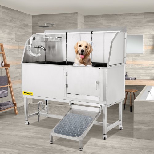 VEVOR Dog Grooming Tub, 62" R Pet Wash Station, 304 Stainless Steel Pet Grooming Tub Rated 661LBS Load Capacity, Non-Skid Dog Washing Station Comes with Ramp, Faucet, Sprayer and Drain Kit