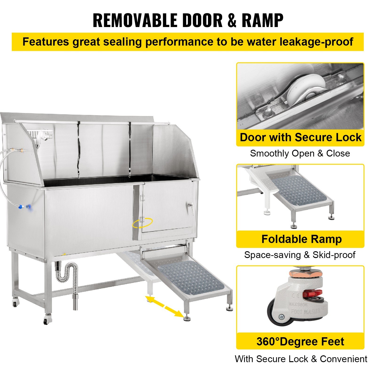 VEVOR Dog Grooming Tub, 62" R Pet Wash Station, 304 Stainless Steel Pet Grooming Tub Rated 661LBS Load Capacity, Non-Skid Dog Washing Station Comes with Ramp, Faucet, Sprayer and Drain Kit